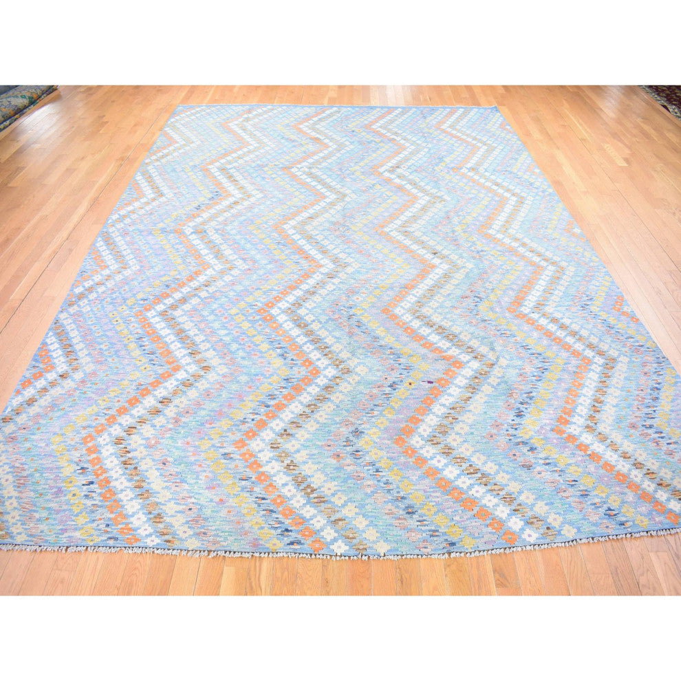 Light Blue Afghan Kilim with Geometric Design Hand Knotted Wool Rug 10'3"x13'3"
