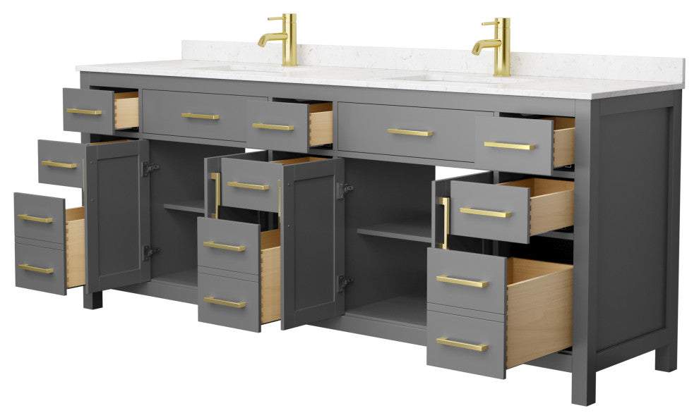 84"DBL Vanity Dark Gray, Carrara Cult. Marble Countertop, Sinks, Gold Trim