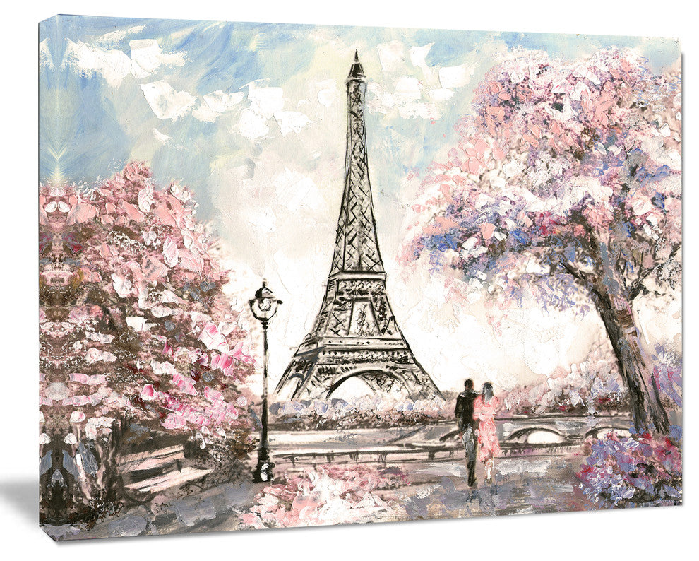 Eiffel with Pink Flowers, Landscape Canvas Art Print, 20"x12"