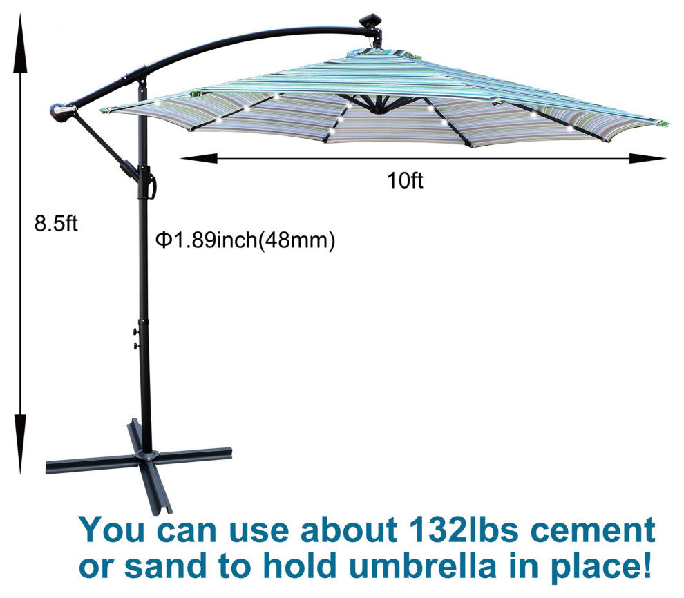 10' Steel Patio Umbrella Outdoor Market With Crank and LED Lights, Blue Striped