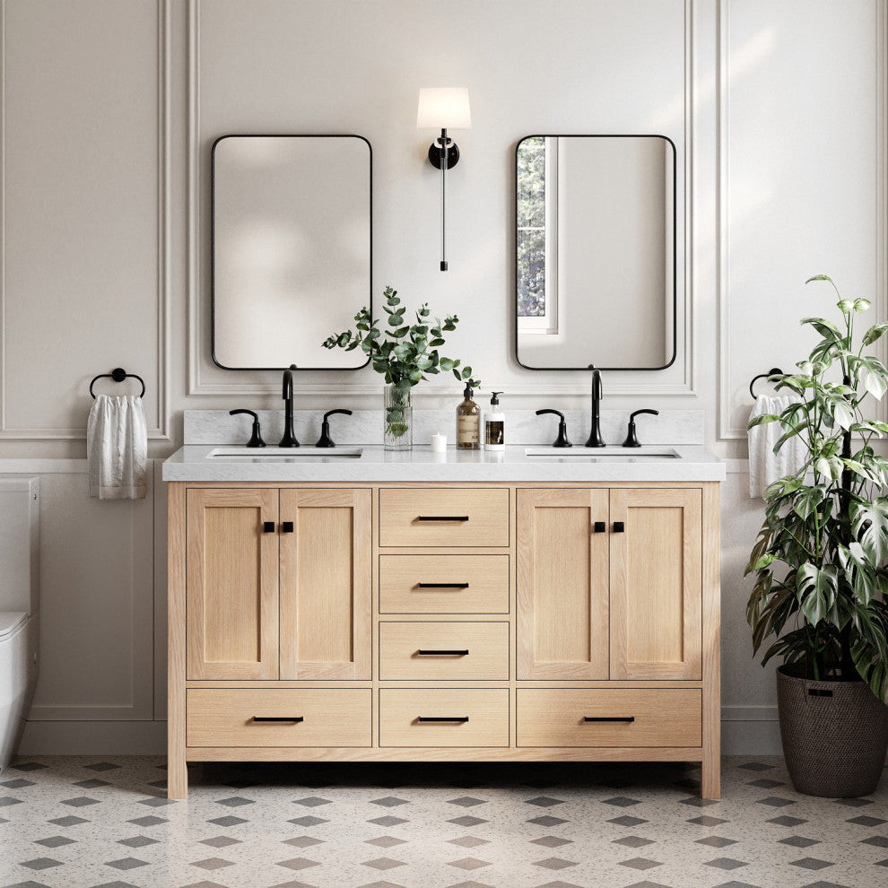 Cambridge 60" Double Bath Vanity With Italian Carrara Marble Top, Oak