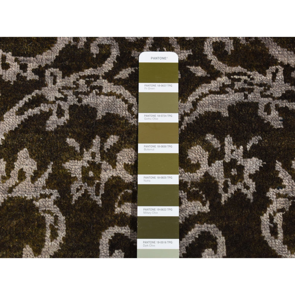 Green Abarasque Motif Design Wool and Silk Hand Knotted Runner Rug 2'4"x9'8"