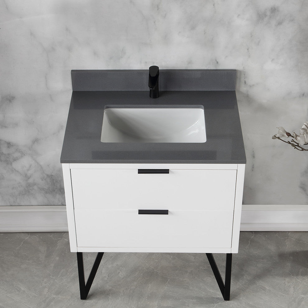 Helios Vanity With Gray Countertop, White, 30", No Mirror