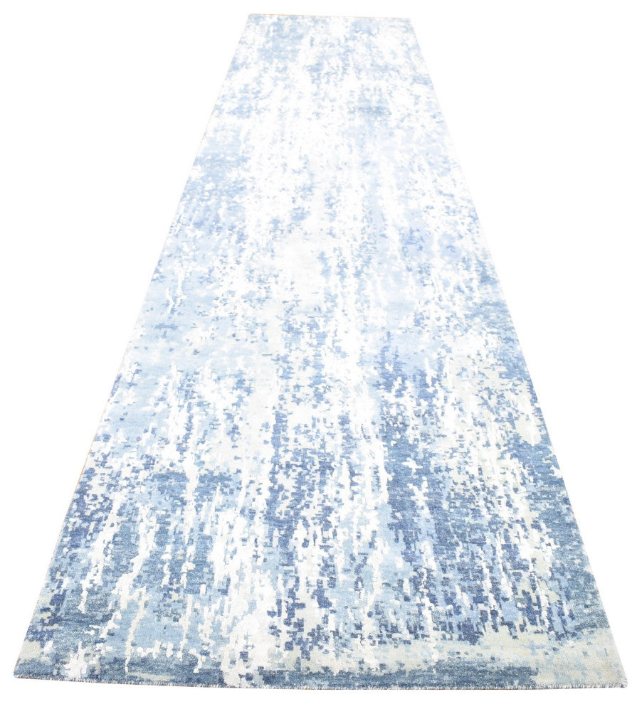 Hand Knotted Denim Blue Abstract Design Wool and Real Silk Runner Rug 3'8"x17'2"