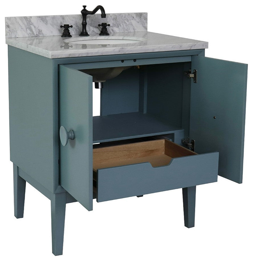 31" Single Vanity, Aqua Blue Finish With White Carrara Top