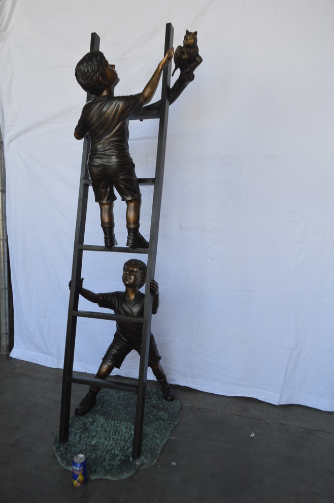 Two Kids Climb a Ladder Saving a Cat Bronze Statue -  Size: 35"L x 24"W x 81"H