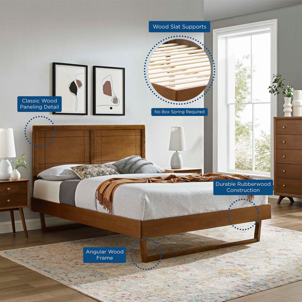 Platform Bed Frame, King Size, Wood, Brown Walnut, Modern Mid-Century, Bedroom