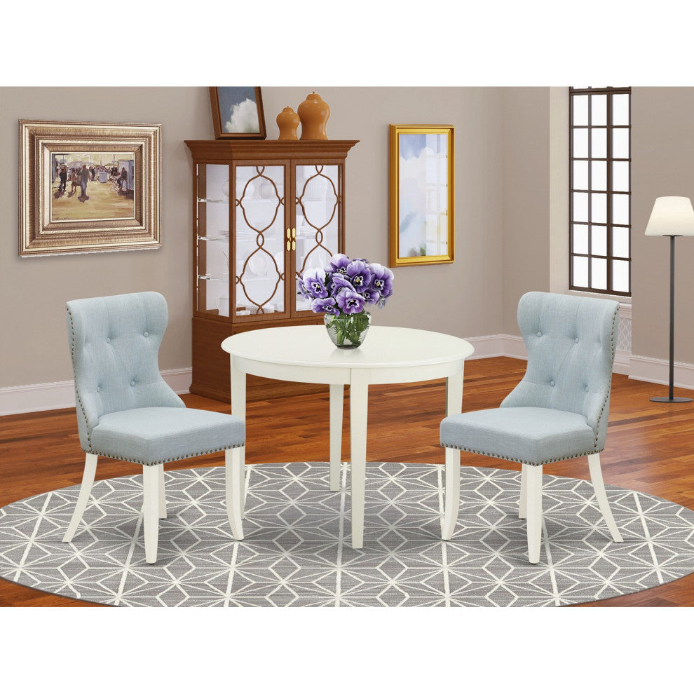 A Kitchen Set Of 2 Kitchen Chairs, Baby Blue Color, Dinner Table, Linen White