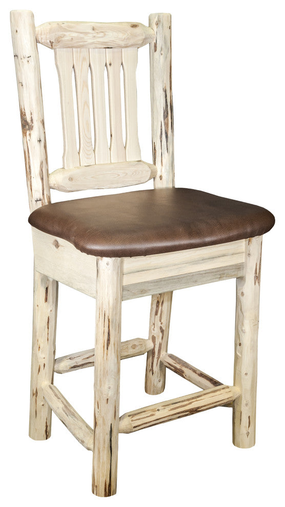 Montana Bar Stool With Back, Saddle Upholstery, Clear Lacquer Finish