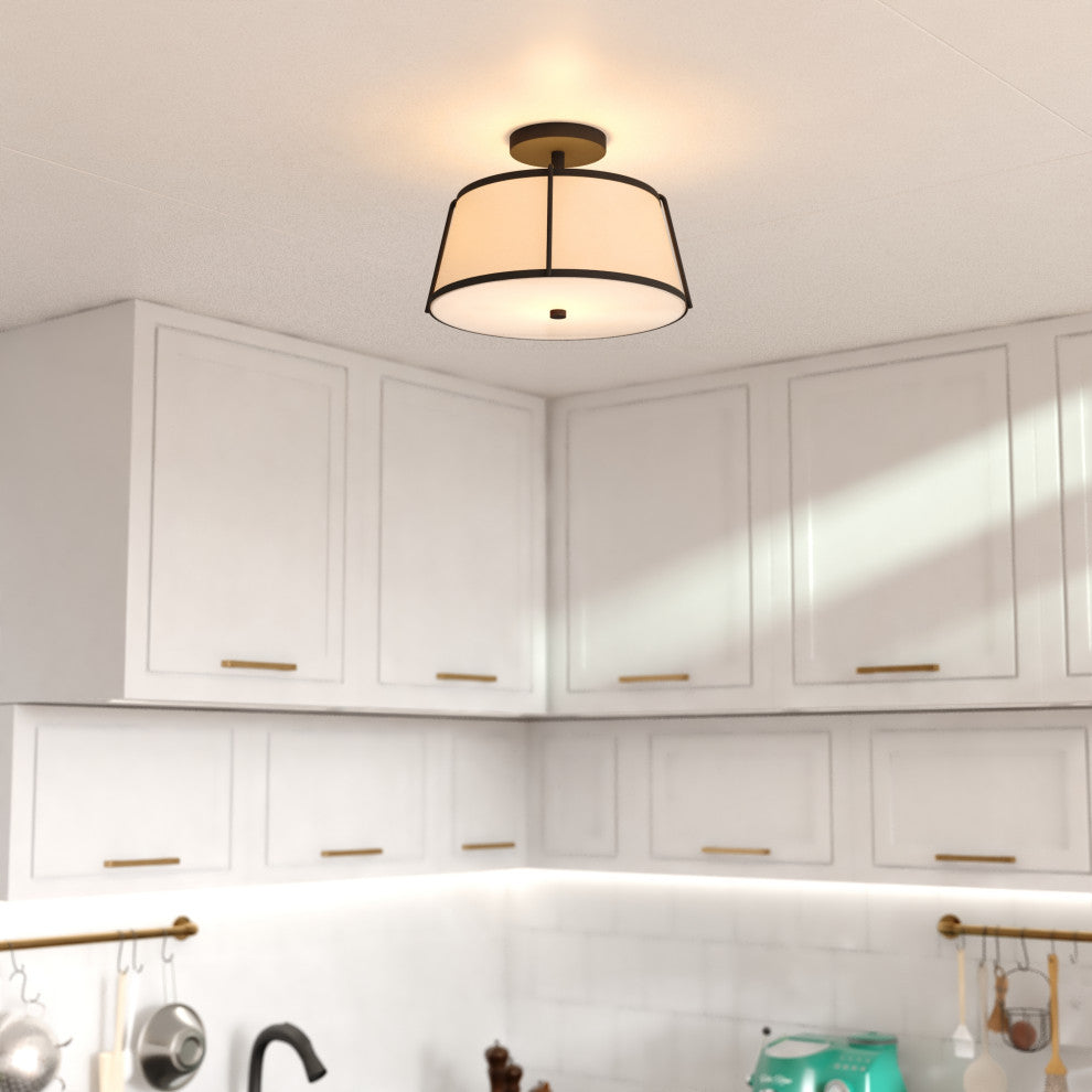 Marion 2-Light Gold Mid-Century Modern Drum Semi Flush Mount Ceiling Fixture, Matte Black