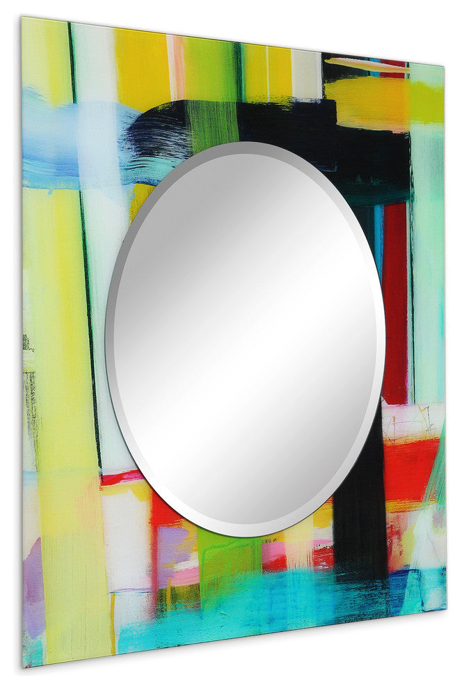 "Shine" Square Beveled Wall Mirror on Floating Printed Tempered Art Glass