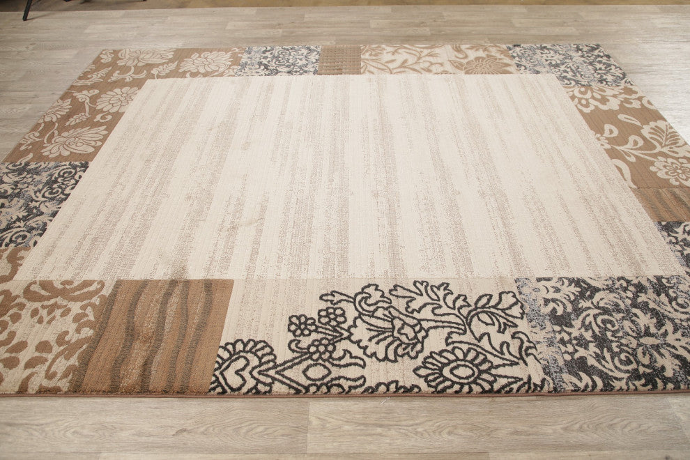 Modern Synthetic Pile Border Carpet Rustic Turkish Area Rug, Beige, 10'6"x7'10