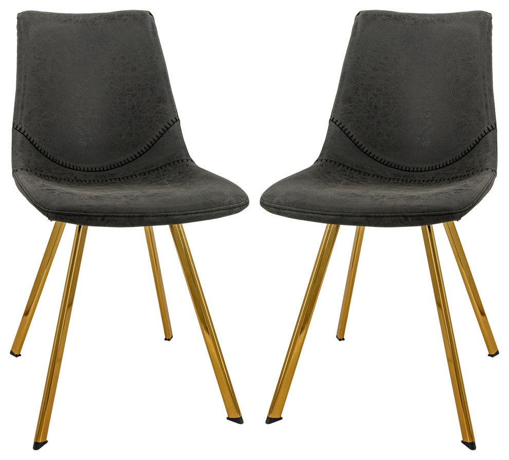 LeisureMod Markley Leather Dining Chair With Gold Legs Set of 2, Charcoal Black