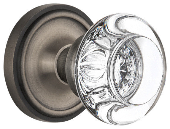 Classic Rosette Passage Round Clear Crystal Glass Knob, Antique Pewter
