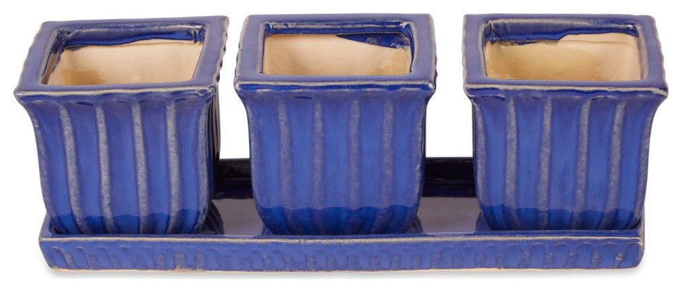 Blue Square Ceramic Small Planter 3-Piece Set
