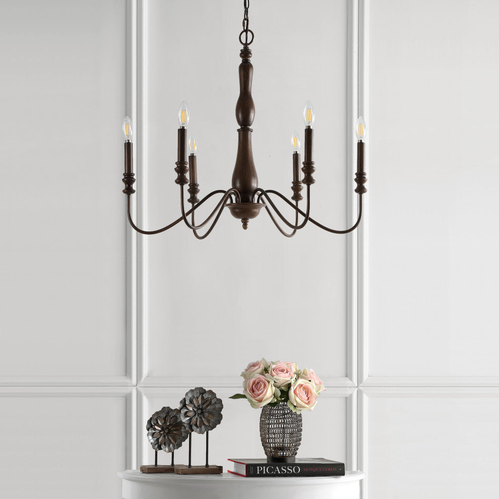 Victoria 29" 6-Light Rustic Midcentury Iron LED Chandelier, Brown
