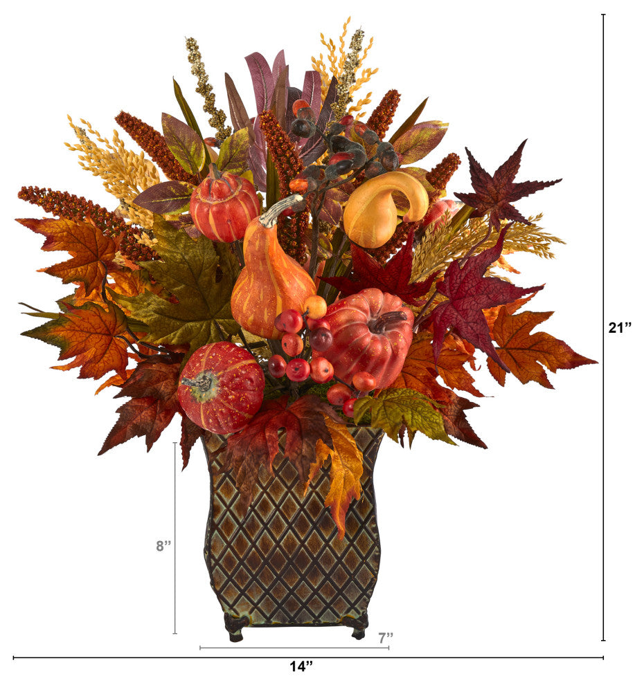 21" Pumpkin, Maple Leaf and Sorghum Harvest Faux Arrangement, Metal Planter