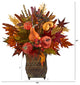 21" Pumpkin, Maple Leaf and Sorghum Harvest Faux Arrangement, Metal Planter