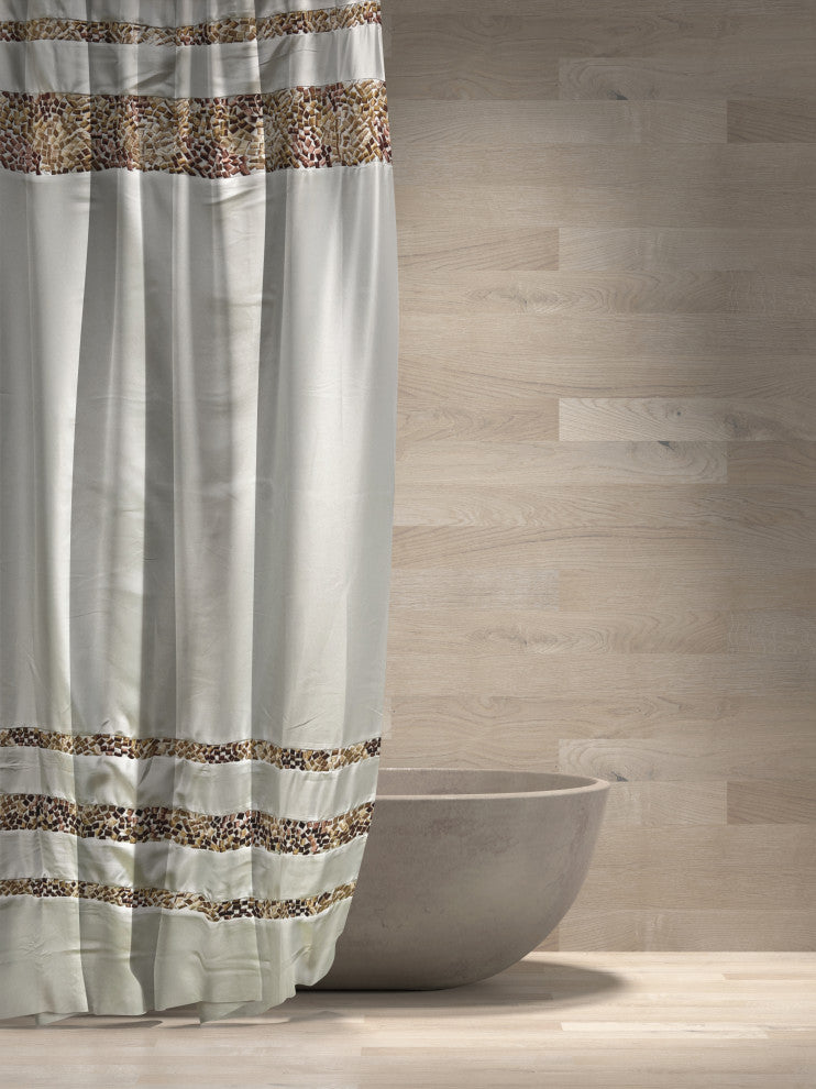 Spa Tile White Soft Fabric Shower Curtain With Multicolor Embroidered Tile Bands, Brown, 72x96"