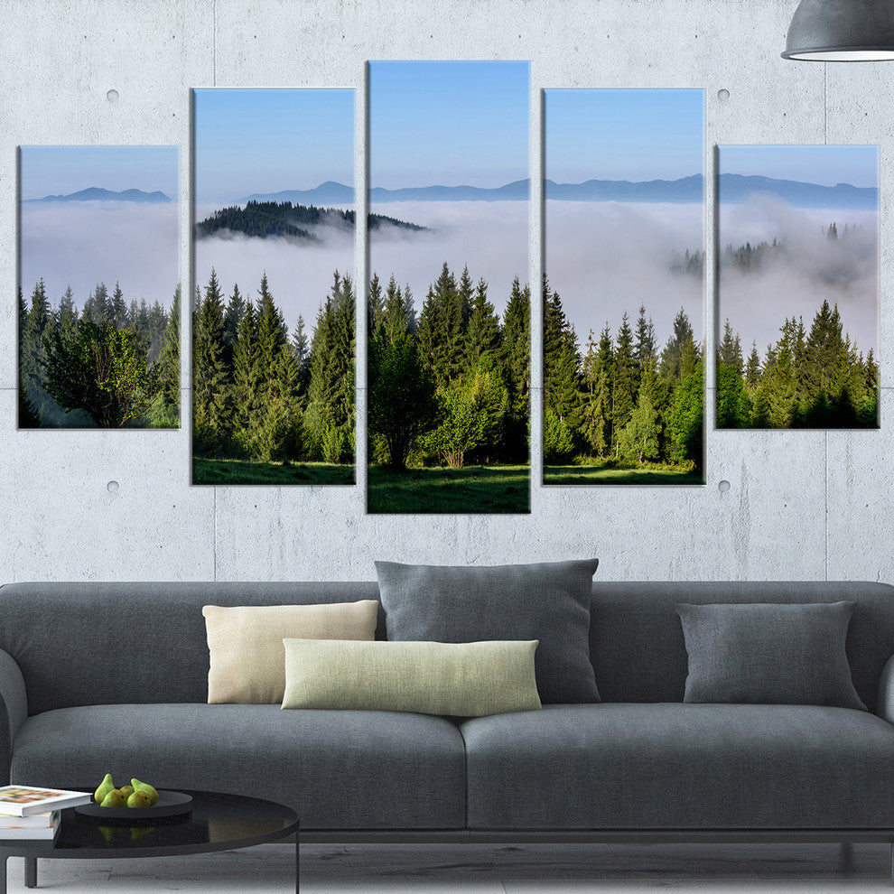 "Green Trees and Fog Over Mountains" Landscape Wall Artwork, 5 Panels