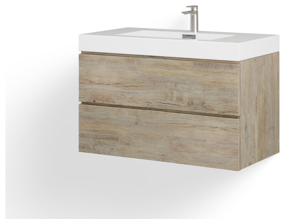 Boutique Bath Vanity, Natural Wood, 36", Single Sink, Wall Mount