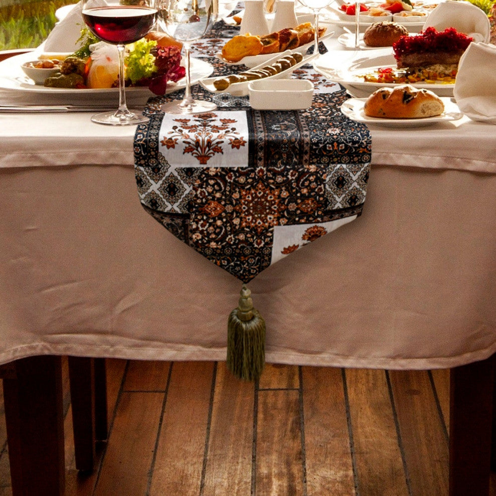 Decorative Table Runner Brown Satin 14"x120", Persian, Floral Niloufar