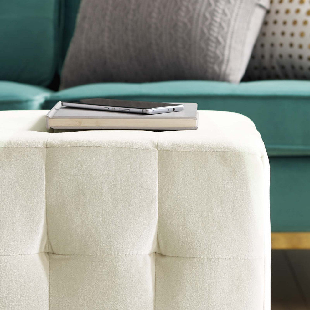 Contour Tufted Cube Performance Velvet Ottoman-Ivory