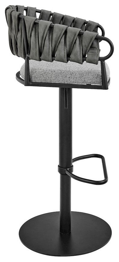Adjustable Counter or Bar Stool in Black Metal with Gray Fabric and Faux Leather