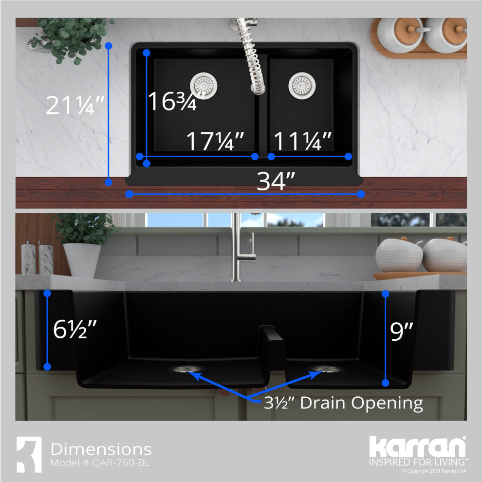 Karran Retrofit Farmhouse Quartz 34" Double Offset Bowl Sink, Black