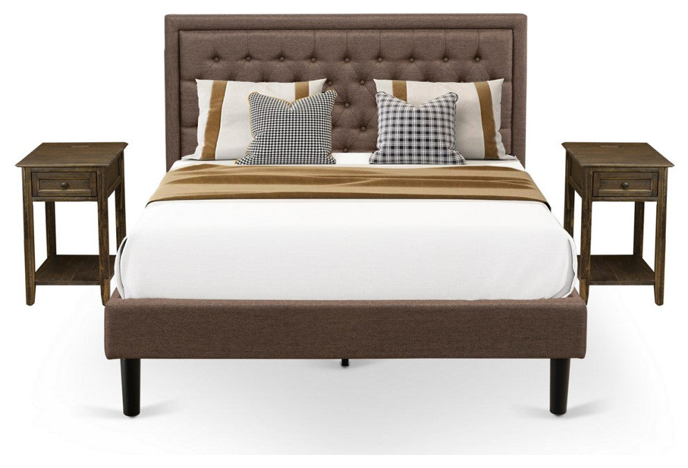 3Pc Bed Set, 1 Bed Frame Brown Padded, 2 Nightstand, Wooden Drawer