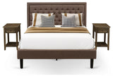 3Pc Bed Set, 1 Bed Frame Brown Padded, 2 Nightstand, Wooden Drawer