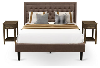 3Pc Bed Set, 1 Bed Frame Brown Padded, 2 Nightstand, Wooden Drawer