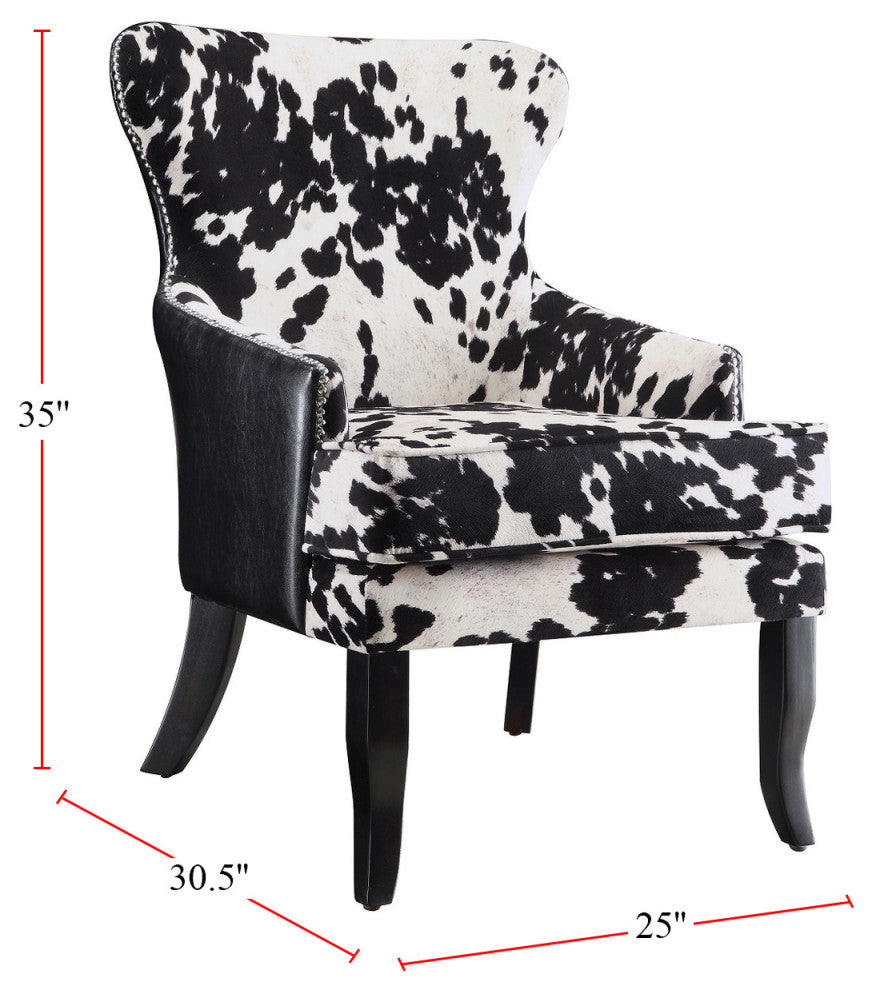 Cowhide Print Accent Chair With Nailhead Trim, Black and White