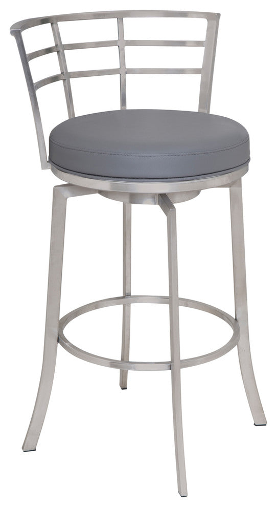 Wendell 30" Swivel Barstool, Brushed Stainless Steel With Gray Faux Leather