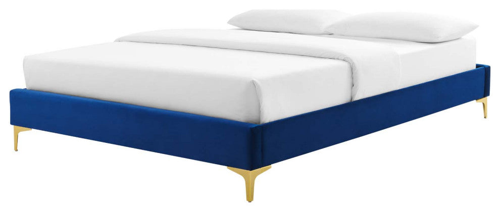 Platform Bed Frame, Full Size, Velvet, Blue Navy, Modern Contemporary, Bedroom