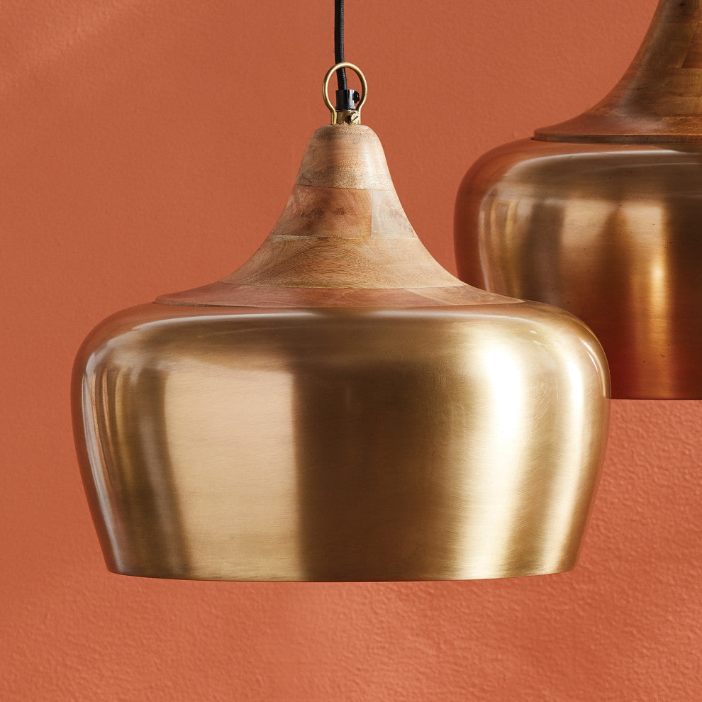 Classic Contemporary Brass Bronze 1 Light Pendant Dome Wood Farmhouse 16 in