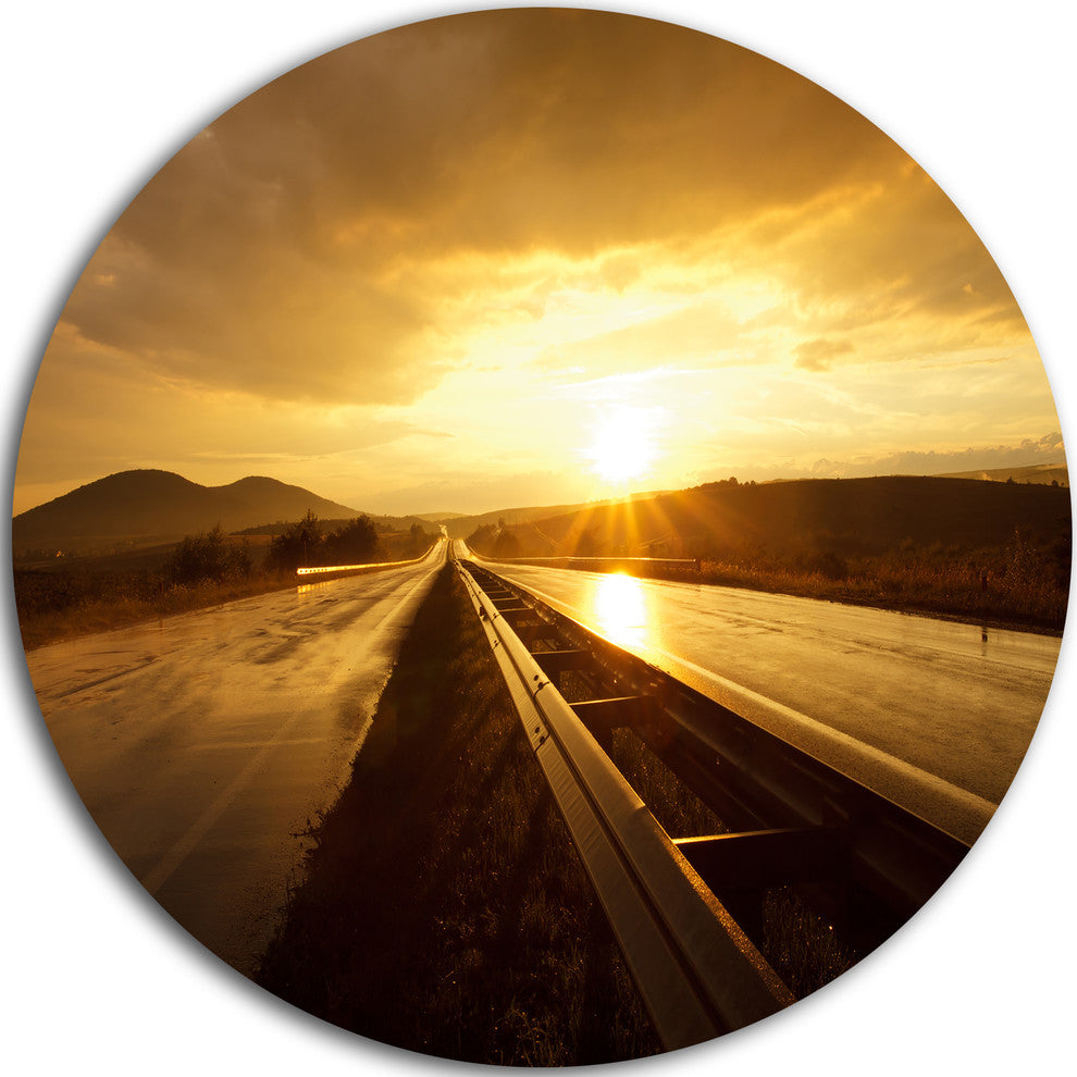 Wet After Rain Road At Sunset, Disc Metal Wall Art Landscape, 23"