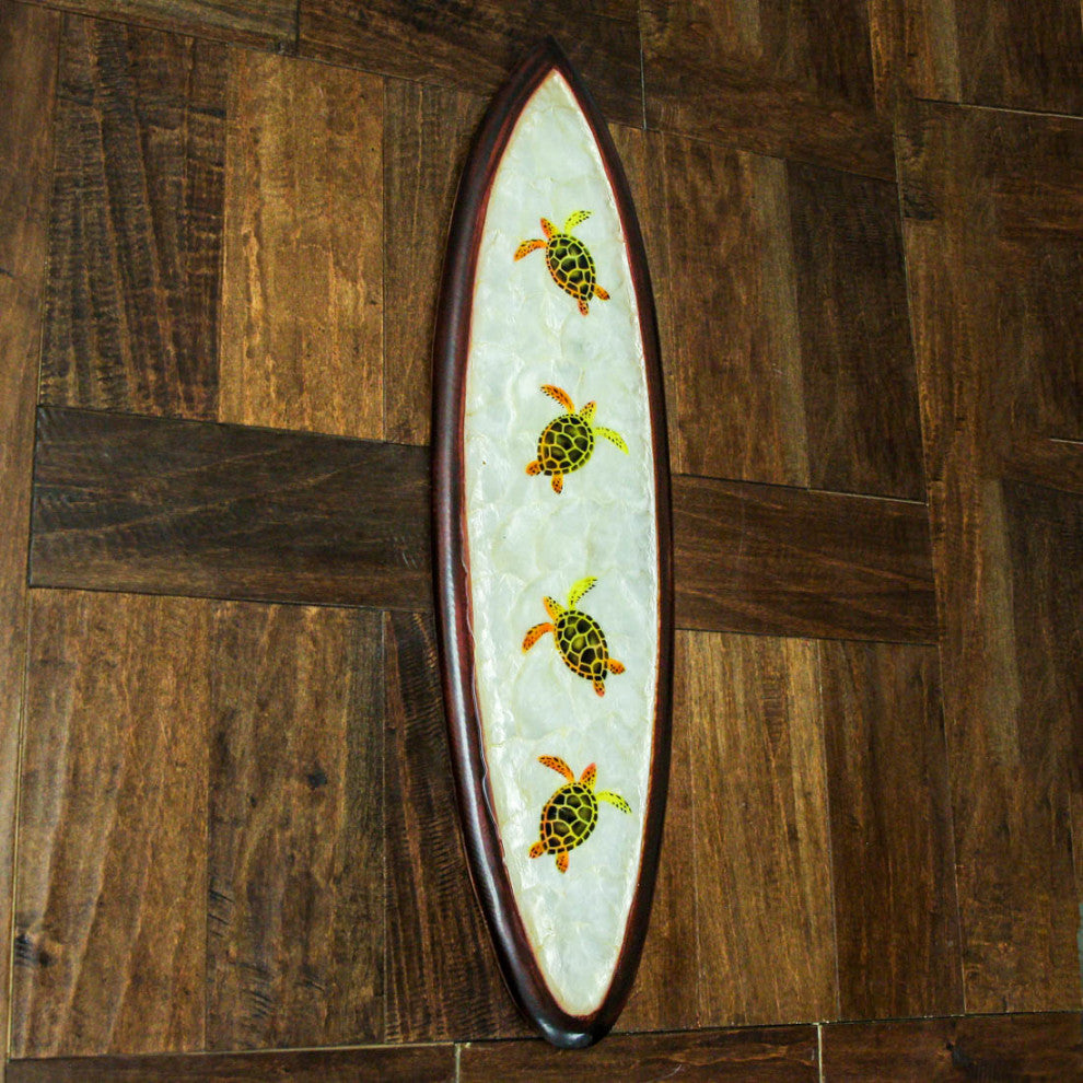 31 In Wood And Capiz Four Turtles Hand Carved Decorative Surfboard Wall Decor