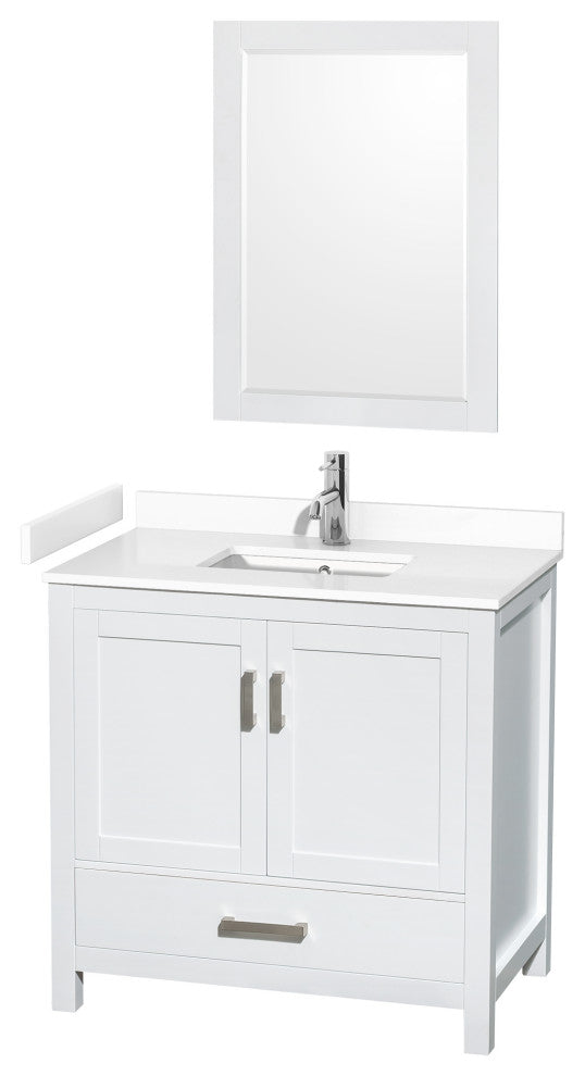 36"SGL Bathroom Vanity, White, White Cult. Marble Countertop, Sink, 24" Mirror