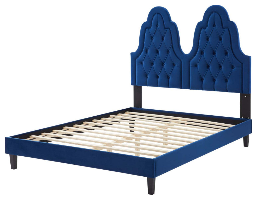 Tufted Platform Bed Frame, Twin Size, Velvet, Blue Navy, Modern Contemporary