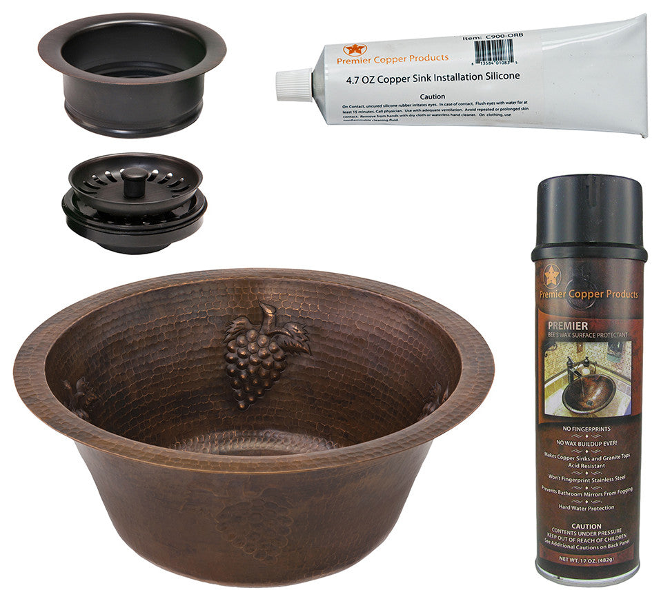 16" Round Copper Prep Sink, Grapes & 3.5" Drain Opening, Drain & Accessories