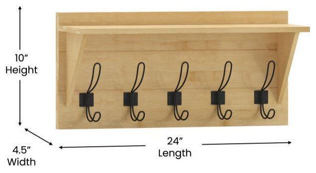 Daly Wall Mounted Solid Pine Wood Storage Rack With Upper Shelf and 5 Hooks, Bamboo