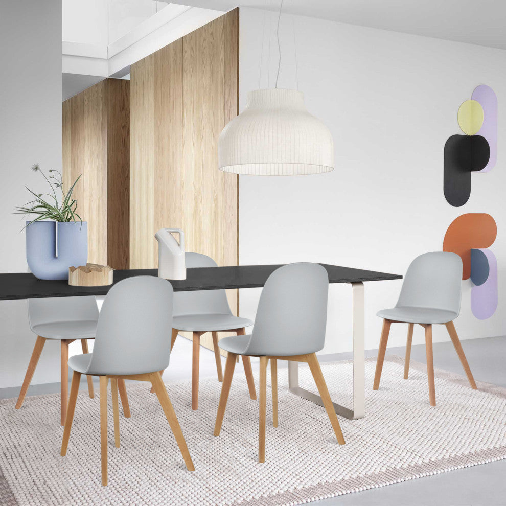 Set of 4 Modern Dining Side Chairs Molded Plastic With Round Back Wooden Legs, Gray