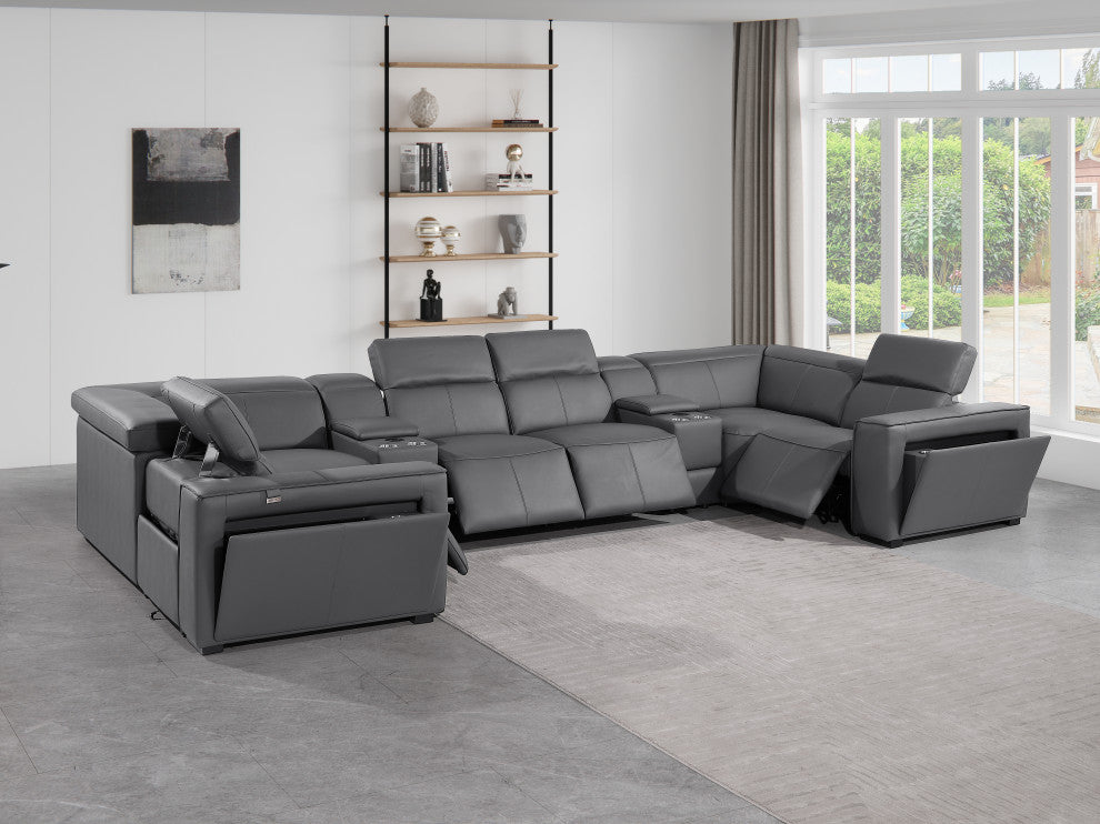 Niccolo Italian Leather 8-Piece U-Shaped 4 Power Reclining Sectional, Dark Gray.