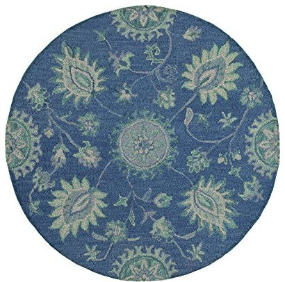 6" Round Navy and Green Floral Vines Area Rug