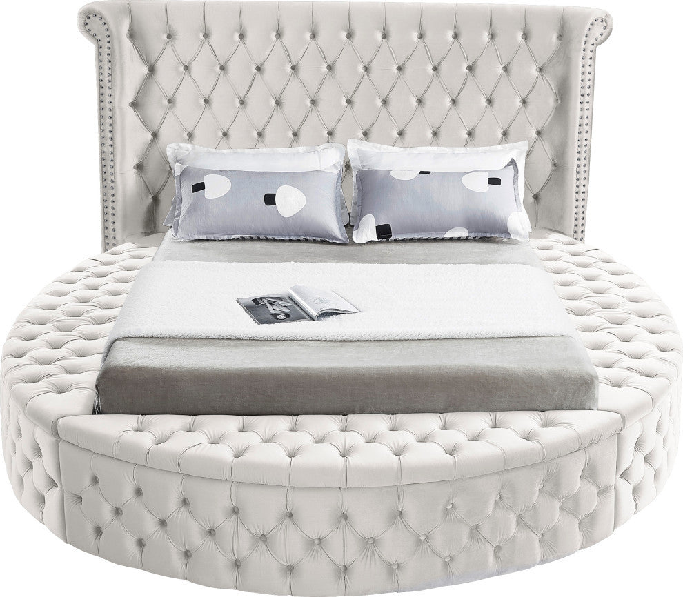 Luxus Button Tufted Velvet Round Bed, Cream, Queen