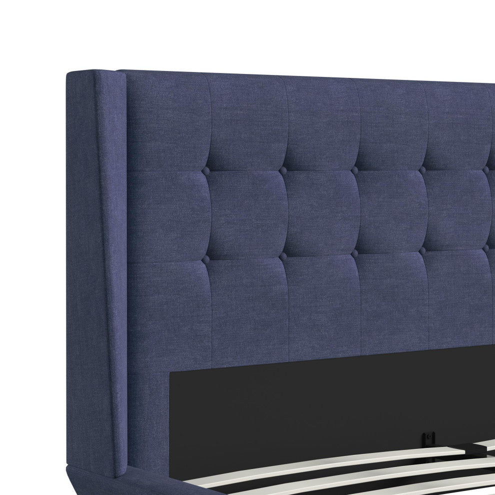 Unique Platform Frame, Wing Headboard With Button Tufting, Blue, Full