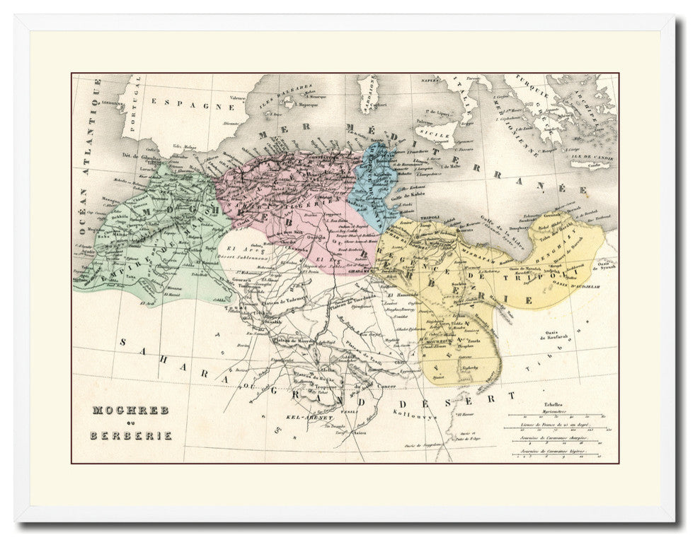 Barbary Coast Of North Africa Old Map Print On Canvas With Frame 28" X 37"