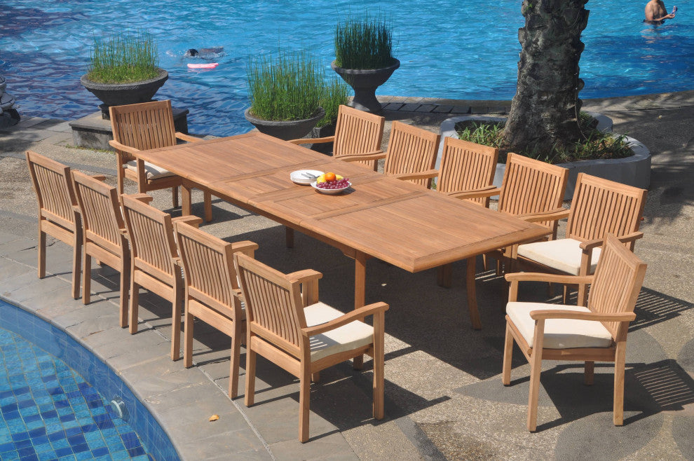 13-Piece Outdoor Teak Dining Set: 117" Rectangle Table, 12 Leveb Stacking Chairs