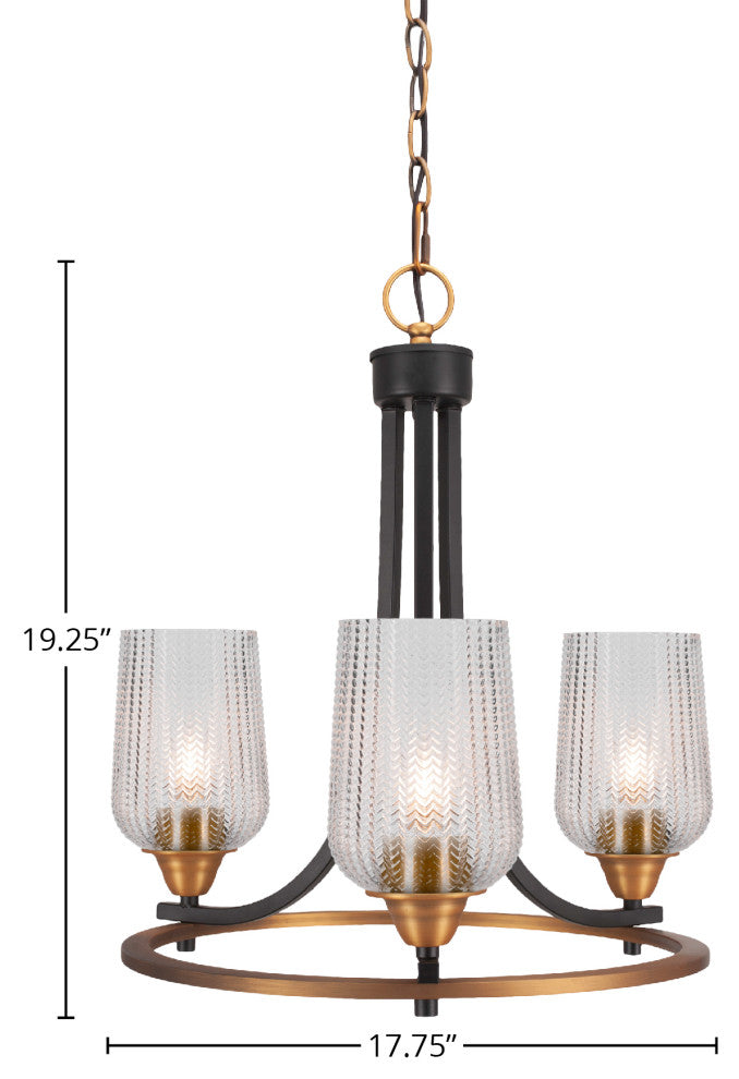 Paramount Uplight 3-Light Chandelier, Matte Black & Brass, 5" Clear Textured